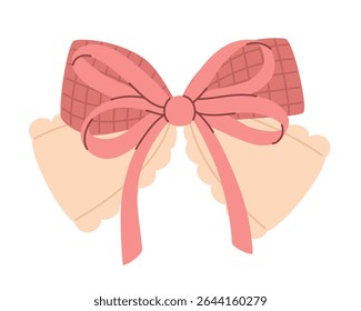 Checkered pink ribbon bow. Flat vector illustration.