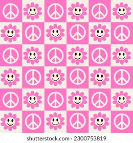 Checkered pink smiling flowers and peace sign seamless pattern. For fabric, textile and stationary 