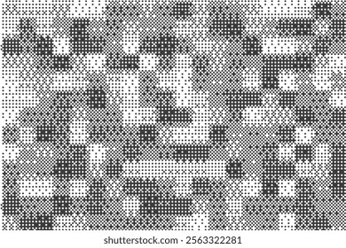 Checkered pixel pattern with bitmap game texture. Squared geometric dither vector graphic. Retro digital glitch halftone wallpaper.