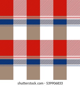 Checkered plaid pattern with stripes. Retro textile collection. Red, blue, beige.