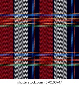 Checkered plaid pattern with stripes and zig zag print. Retro textile collection. Red, blue.
