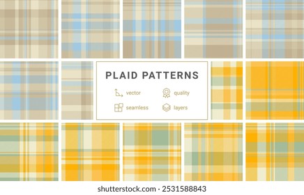 Karierte karierte Muster in einer bunten Kollektion, ideal für Textil-, Tapeten- oder Hemddesigns mit klassischem schottischem Griff.