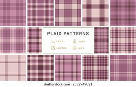 Checkered plaid patterns in a colorful collection, great for textile, wallpaper, or shirt designs with a classic Scottish feel.