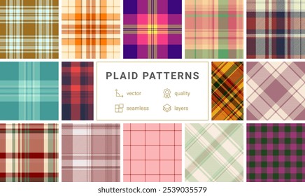 Checkered plaid patterns in a colorful collection, great for textile, wallpaper, or shirt designs with a classic Scottish feel.