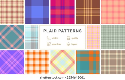 Checkered plaid patterns in a colorful collection, great for textile, wallpaper, or shirt designs with a classic Scottish feel.