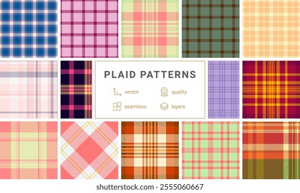 Checkered plaid patterns in a colorful collection, great for textile, wallpaper, or shirt designs with a classic Scottish feel.