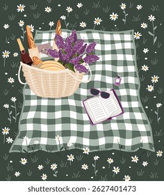 Checkered plaid with a picnic basket and book on the meadow grass. Summer picnic, vector illustration.