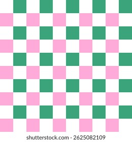 Checkered plaid repeat pattern in green pink white.Geometric gingham seamless pattern.Colorful abstract background with squares.Vector graphic wallpaper.