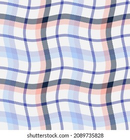 Checkered plaid seamless pattern. Blue, gray, orange background. Color wallpaper with wavy lines. Vector graphics printing on fabric, shirt, textile, curtain and tablecloth.
