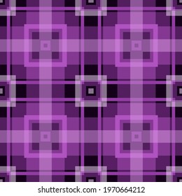 Checkered plaid tartan seamless pattern. Colorful abstract vector background. Geometric repeat striped backdrop in violet colors. Tribal ethnic ornament with stripes, squares, frames, shapes, lines.