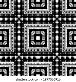 Checkered plaid tartan seamless pattern. Vector black and white greek background. Tribal ethnic style repeat backdrop. Modern design with frames, borders, squares, lines. Greek key, meanders ornament.