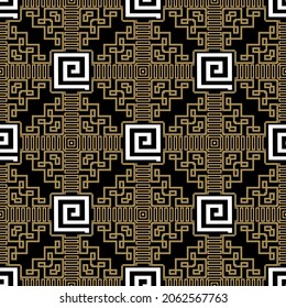 Patrón transparente del tartán de plaid a cuadros. Fondo vectorial geométrico griego. Fondo tribal de repetición étnica. Diseño moderno con marcos, bordes, cuadrados, líneas, formas. Llave griega, ornamentos de serpentín.