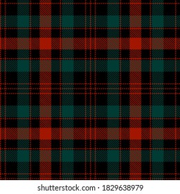 Checkered plaid vector illustration. Tartan Cloth Pattern. Seamless background of Scottish style. Great for Christmas designs. For wallpapers, textiles, decorations, packings. Red, Green, and Black.