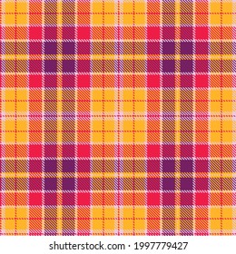 Checkered plaid vector illustration. Tartan Cloth Pattern. Seamless background of Scottish style great for wallpapers, textiles, decorations, wrappings. The lilac, violet, orange, and pink colors.