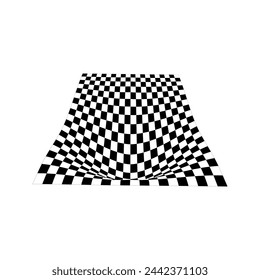 Checkered plane distortion in perspective. Warped tile floor. Curvatured checkerboard texture. Convex board with squared pattern. Gravity phenomenon. Vector graphic illustration.