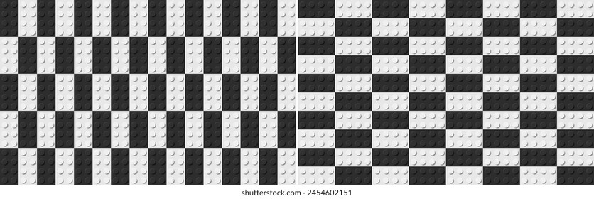 Placa de construcción de plástico a cuadros. Bloques o ladrillos de juguete de plástico blanco y negro con círculos combinados en placa. Conjunto de fondos de constructor sin fisuras. Vertical y Orientación Horizontal. Vector.