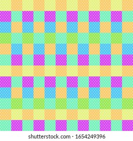 Checkered polka dot background  pattern with orange pink blue yellow green squares and checks. Pop art backdrop, baby shower wallpaper, multicolored wrapping paper ornament, gingham   illustration