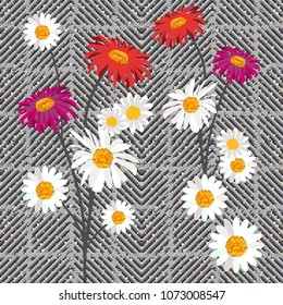 Checkered print with embroidered chamomiles. Seamless textile pattern with English motifs. Textile design for school uniform, plaids, scarfs. Red and white flower on grey background.