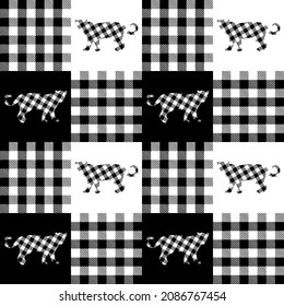 Checkered print. Fashionable seamless pattern with cat silhouette for modern fabrics, textiles, throw pillows, wrapping paper. White and black. Vector.