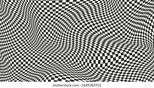 Psychedelisches Banner überprüft. Verzerrter Hintergrund mit geometrischer Grafik. Optischer Illusionsdruck im Y2K-Design. Abstrakte quadratische Schachfläche. Wellenförmiges Schachbrettmuster. Vektorgrafik