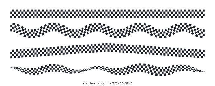 Ondas de bandera de carrera a cuadros y cintas rectas. Patrones de línea de acabado en cuadrados clásicos blanco y negro. Gráficos del Anuncio de F1 para las celebraciones de los vencedores del automovilismo.