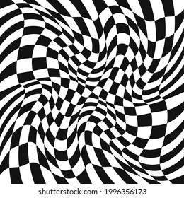 Checkered race twisted patern. Black and white f1 race canvas. Vector curl ornament flag. Checkered twisted squares.