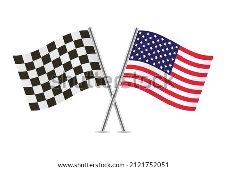 Checkered (racing) and America crossed flags, isolated on white background. Vector icon set. Vector illustration.