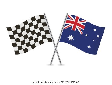 Checkered (racing) and Australia crossed flags, isolated on white background. Vector icon set. Vector illustration.