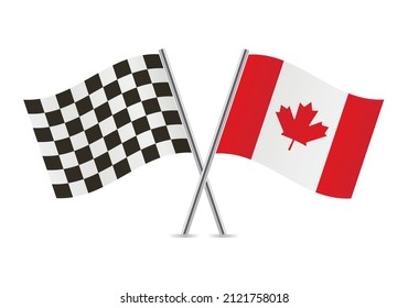 Checkered (racing) and Canada crossed flags, isolated on white background. Vector icon set. Vector illustration.