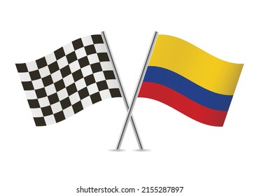 Checkered (racing) and Colombia crossed flags, isolated on white background. Vector icon set. Vector illustration.