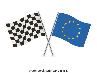 Checkered (racing) and European Union crossed flags, isolated on white background. Vector icon set. Vector illustration.