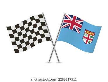 Checkered (racing) and Fiji crossed flags, isolated on white background. Vector icon set. Vector illustration.