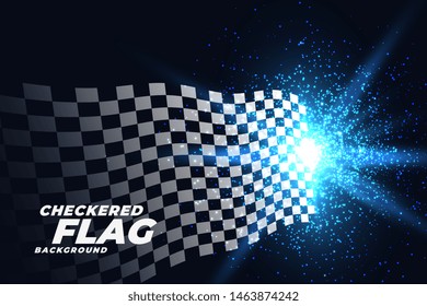 checkered racing flag with blue lights particles background