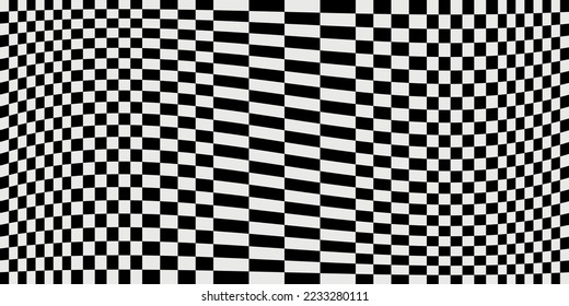 Checkered racing flag, curved and optical. Print and stylish interior design. Seamless vector decor pattern.