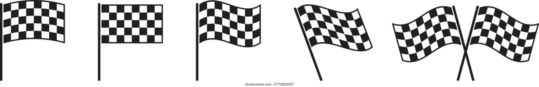 Checkered racing flag icon set. Finish and start line symbol for motor sport. Car, motorbike competition. Checkered flag for speed rally. Black and white waving racing flag vector illustration sign.