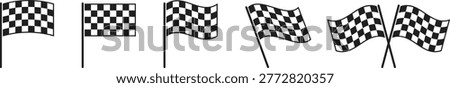 Checkered racing flag icon set. Finish and start line symbol for motor sport. Car, motorbike competition. Checkered flag for speed rally. Black and white waving racing flag vector illustration sign.