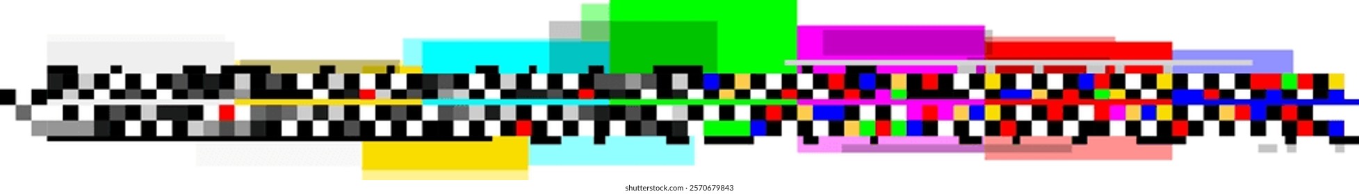 Checkered racing flag is moving fast creating a colorful pixelated background, representing speed, competition, and the thrill of motorsport