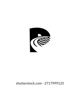 Checked Rennfahne und Straßenbahn Formung Buchstaben P Logo, perfekt für Motorsport Identität und Geschwindigkeit Branding