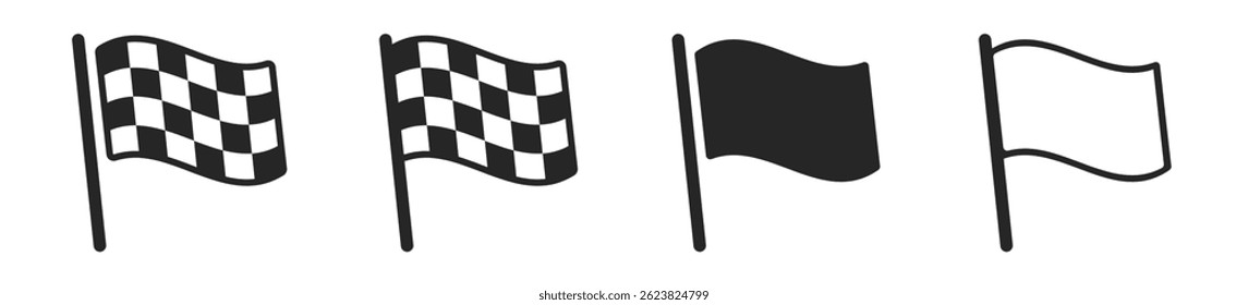Checkered racing flags with different styles, isolated on a transparent white background. Flying chequered crossed race flags. Vector flag illustration
