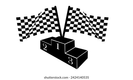 Checkered or racing flags first place prize cup and winners podium, black isolated silhouette