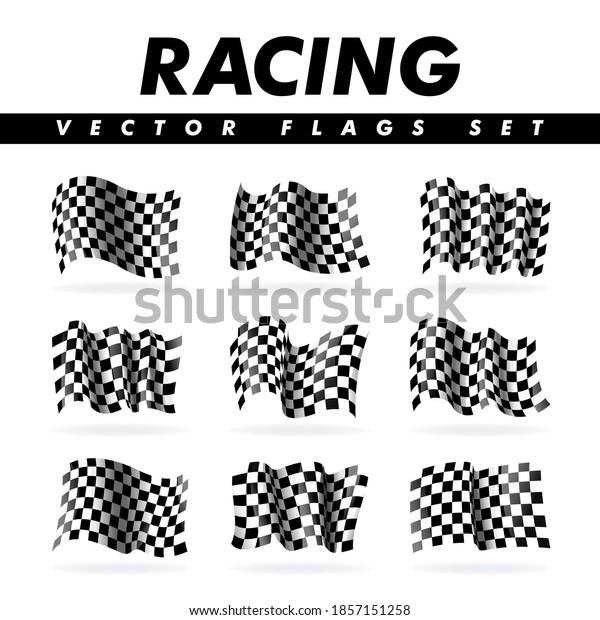 Checkered racing flags set. Modern
illustration. Wavy black and white flags. Flags collection for auto
racing and motorcycle racing on white backdrop with
shadow.