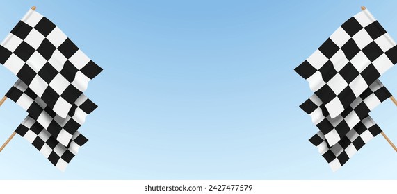 Checkered racing flags wave against a clear blue sky background with copy space, symbolizing the start or finish of a car race event, vector illustration.