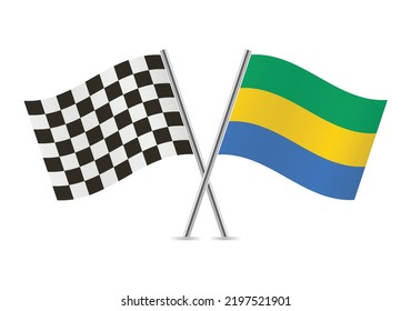 Checkered (racing) and Gabon crossed flags, isolated on white background. Vector icon set. Vector illustration.