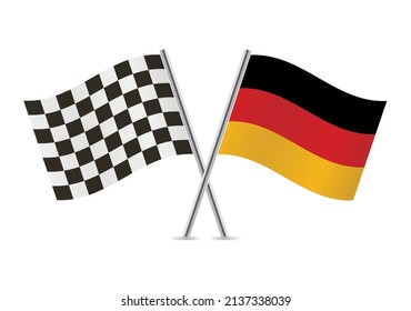 Checkered (racing) and Germany crossed flags, isolated on white background. Vector icon set. Vector illustration.