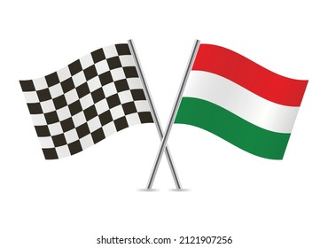 Checkered (racing) and Hungary crossed flags, isolated on white background. Vector icon set. Vector illustration.