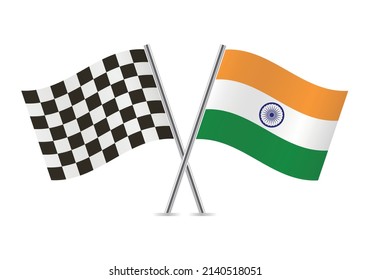 Checkered (racing) and India crossed flags, isolated on white background. Vector icon set. Vector illustration.