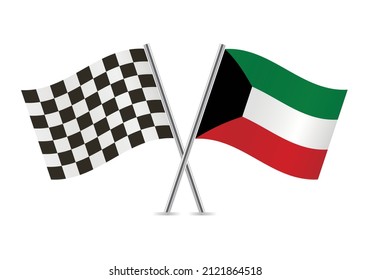 Checkered (racing) and Kuwait crossed flags, isolated on white background. Vector icon set. Vector illustration.