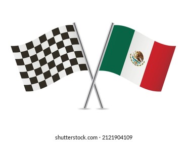 Checkered (racing) and Mexico, crossed flags, isolated on white background. Vector icon set. Vector illustration.
