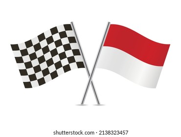 Checkered (racing) and Monaco crossed flags, isolated on white background. Vector icon set. Vector illustration.