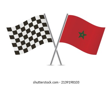 Checkered (racing) and Morocco crossed flags, isolated on white background. Vector icon set. Vector illustration.
